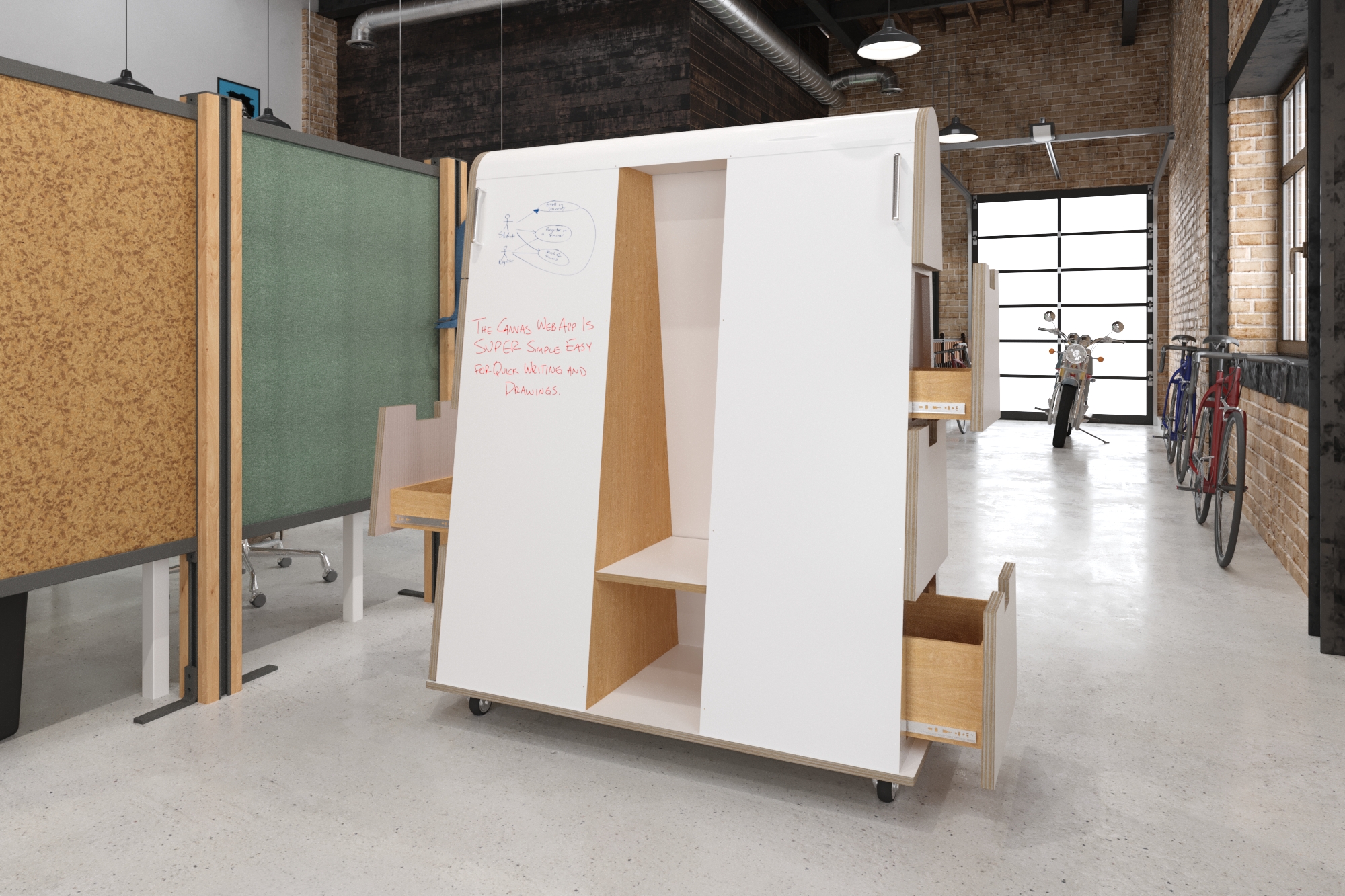 office storage with whiteboard for employees to share