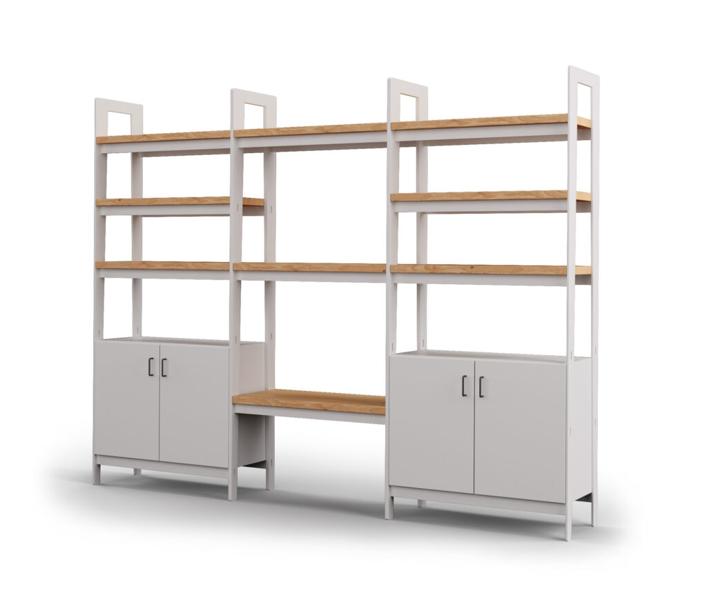 custom maple wood shelves and white storage drawers