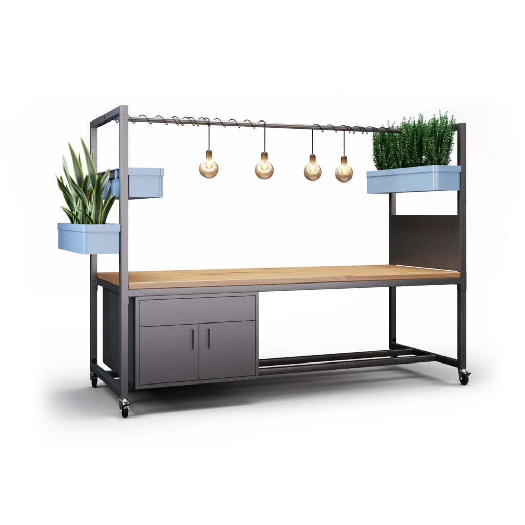modern desk with lights and planters