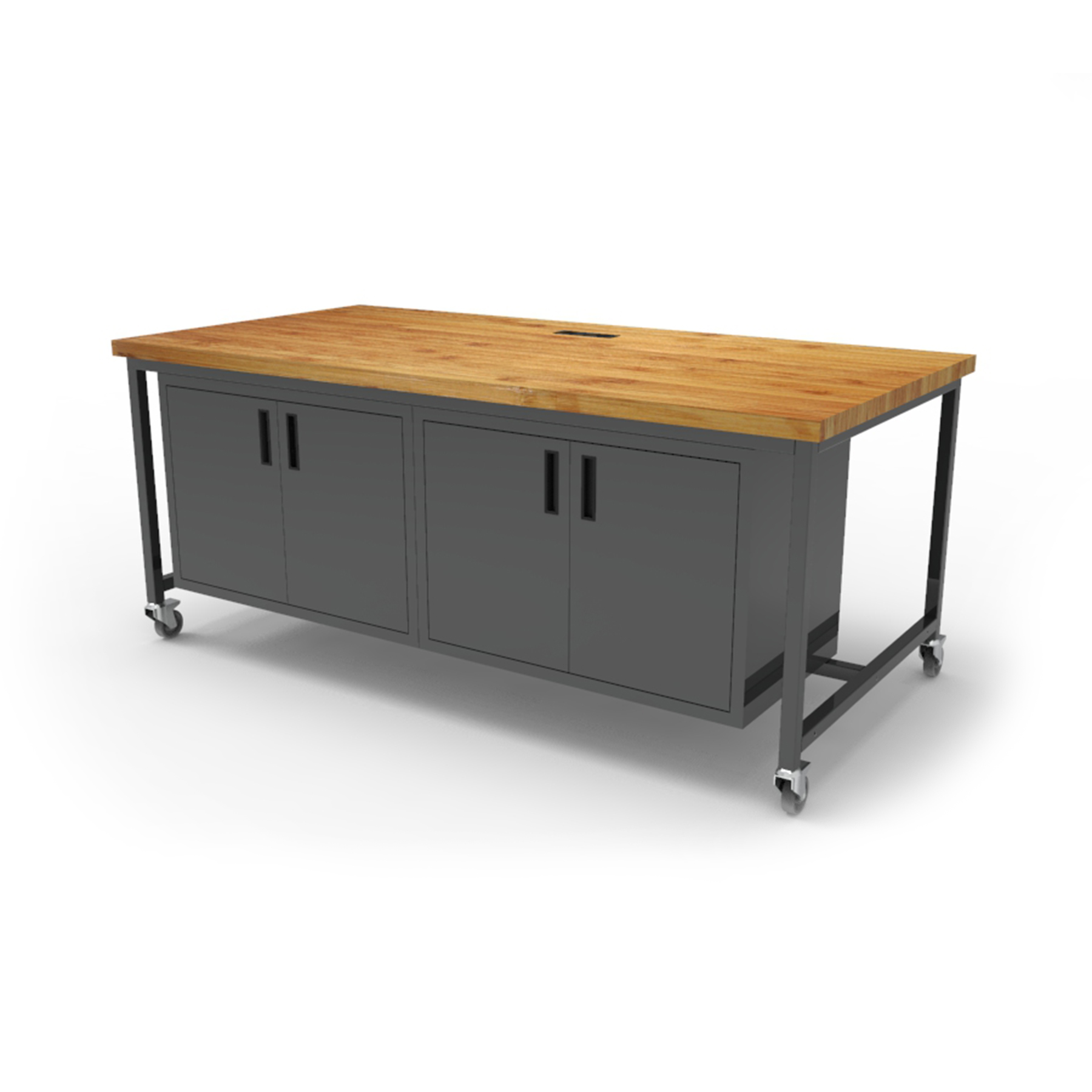 large desk with hardwood top and steel cabinets with lockable mobile wheels