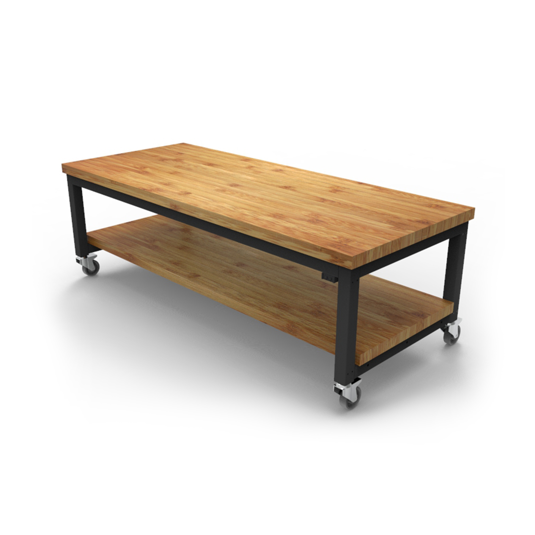 rectangular height adjustable table with an extra bottom shelf for storage