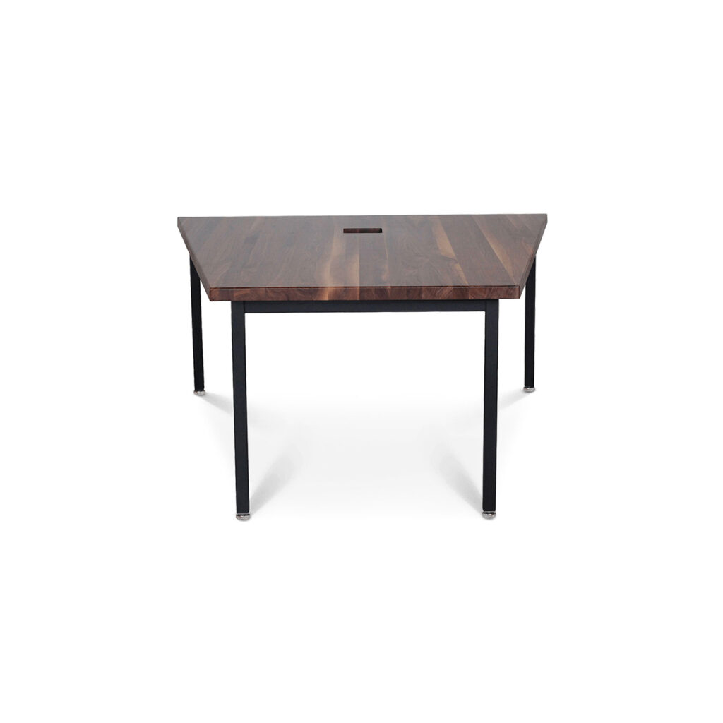 dark brown wooden trapezoid table