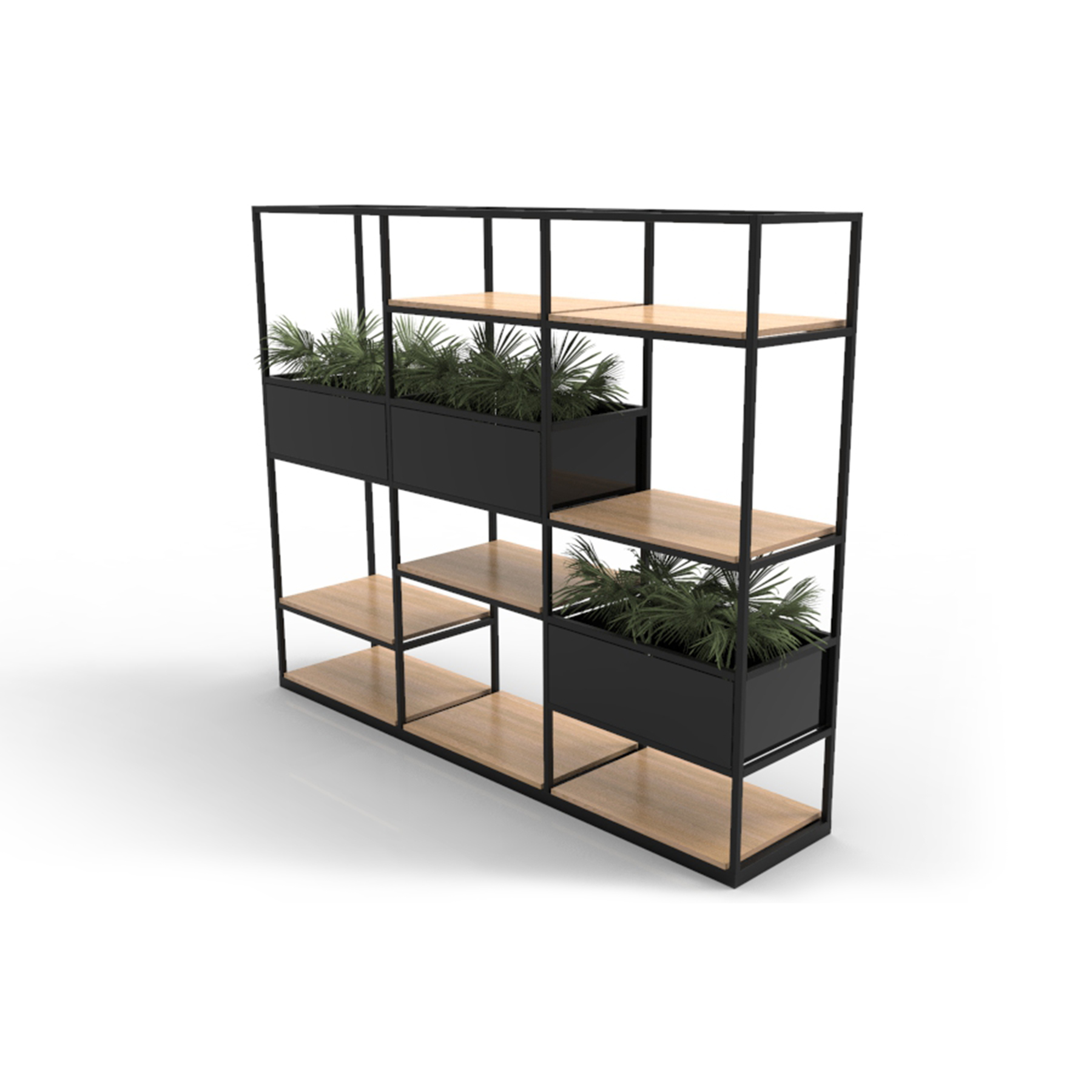 storage shelves with planters and light wooden finish