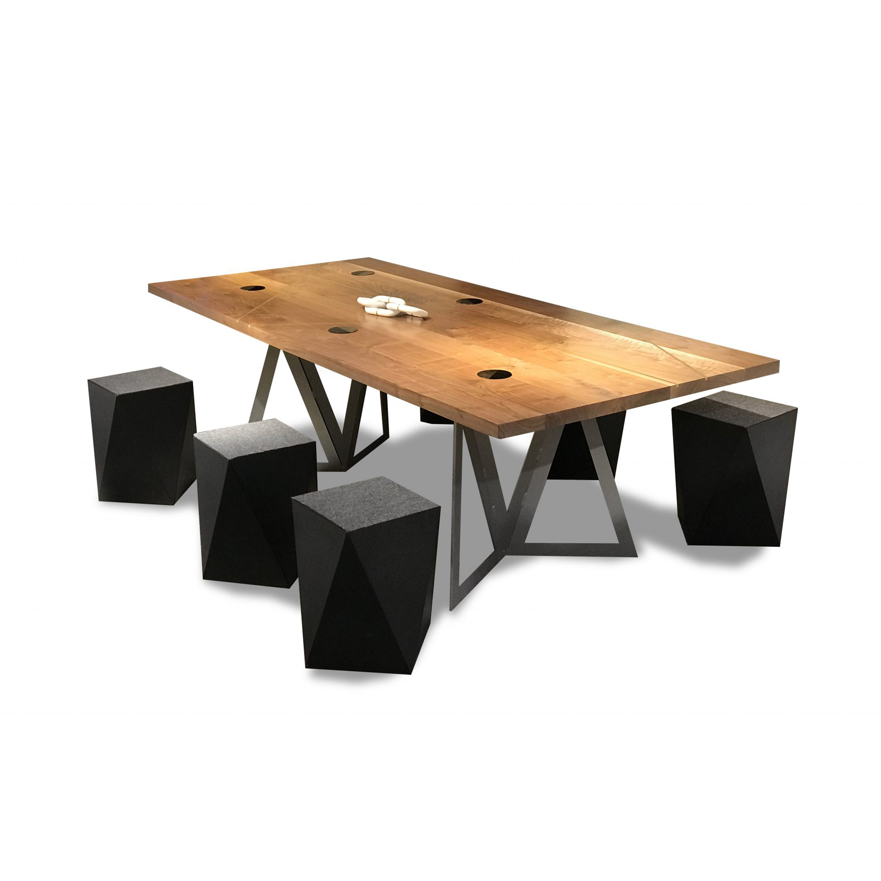 large wooden conference table with steel legs and unique steel seats