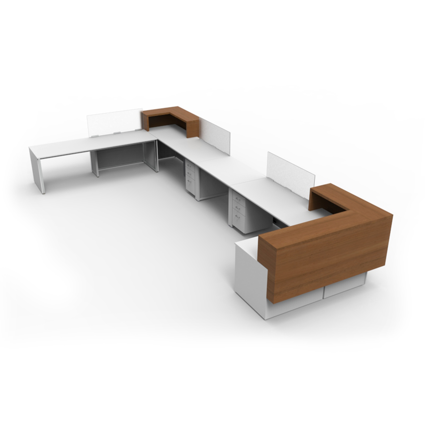 u shape multi employee desk with storage cabinets and cubbies